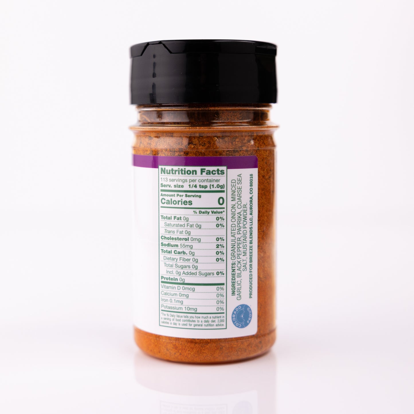 Breeze Blends Steakhouse blend ingredient list and nutrition facts label on a white background