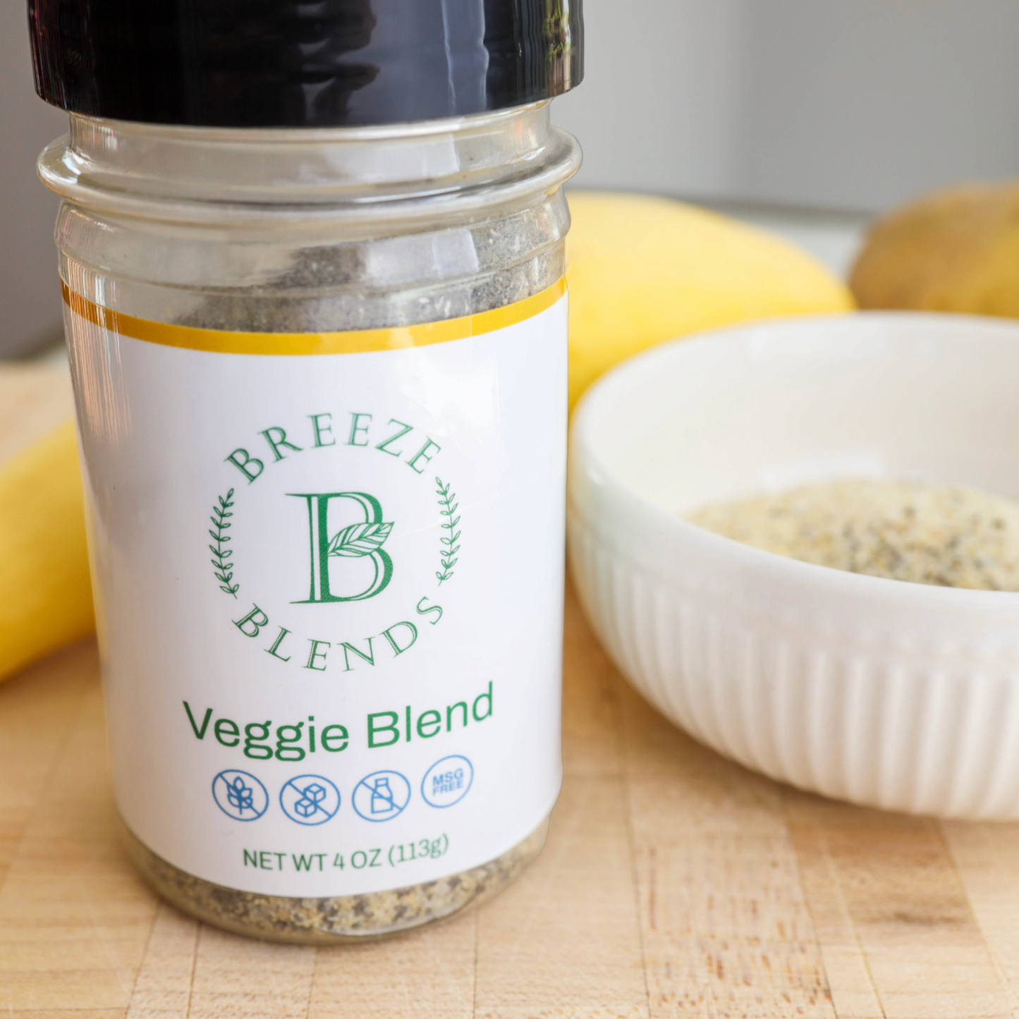 Breeze Blends Veggie Blend with cup of seasoning and squash