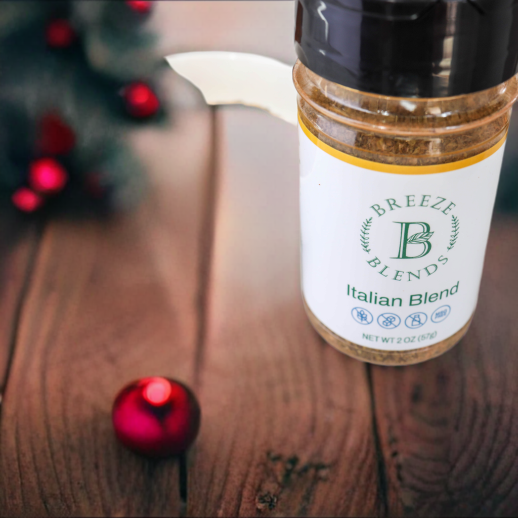 italian seasoning blend with shaker bottle with christmas decor