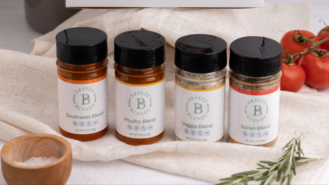 Breeze Blends all-natural gluten-free seasoning blends displayed on a kitchen counter
