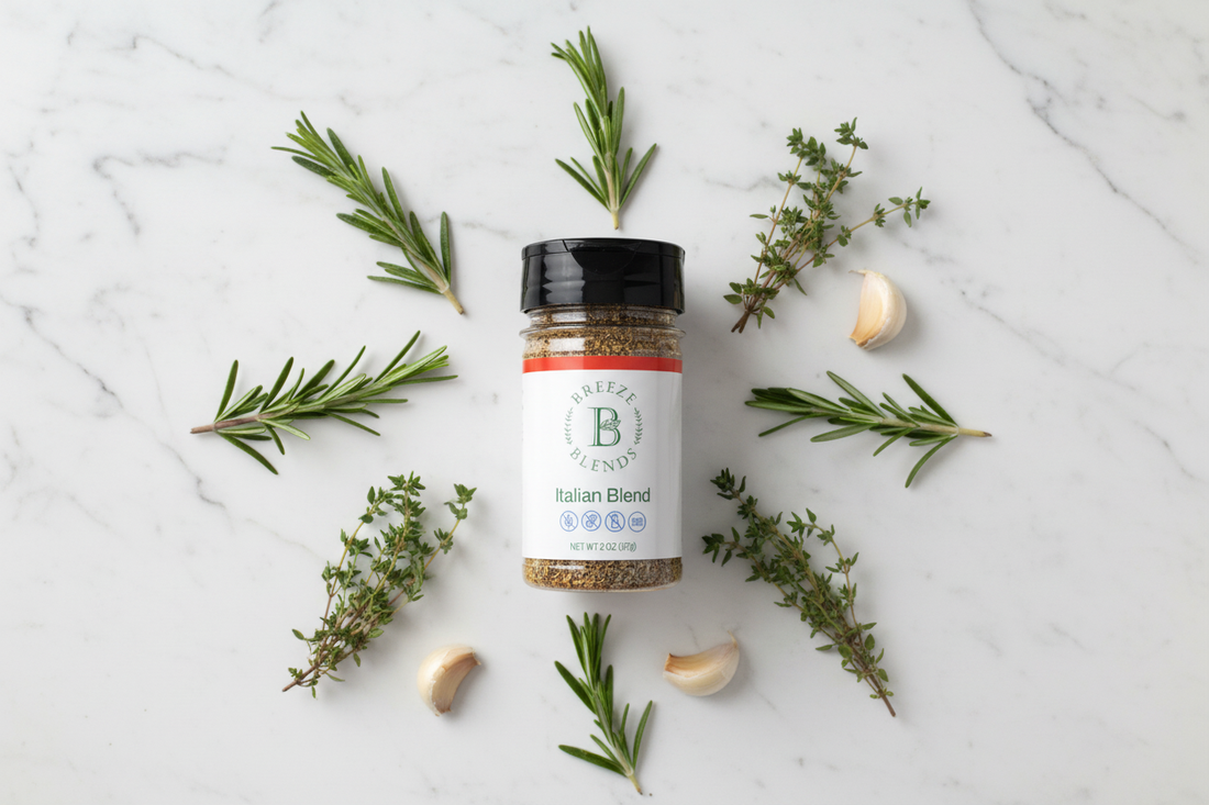 Breeze Blends gluten-free seasoning jar on a white marble countertop with fresh rosemary, thyme, and garlic — all-natural, clean-label spices for gluten-free cooking