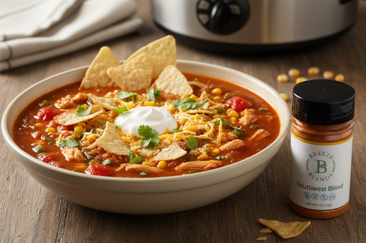 Chicken tortilla soup with shredded chicken, tomatoes, corn, green chiles, sour cream, cheese, cilantro, tortilla chips, and a Breeze Blends Southwest Blend bottle