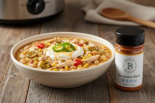 Bowl of chicken white bean chili with bottle of Breeze Blends Southwest seasoning 
