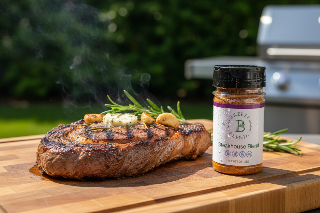 Classic grilled ribeye steak with grill marks, basted with butter, rosemary, and garlic, served with Breeze Blends Steakhouse Blend seasoning