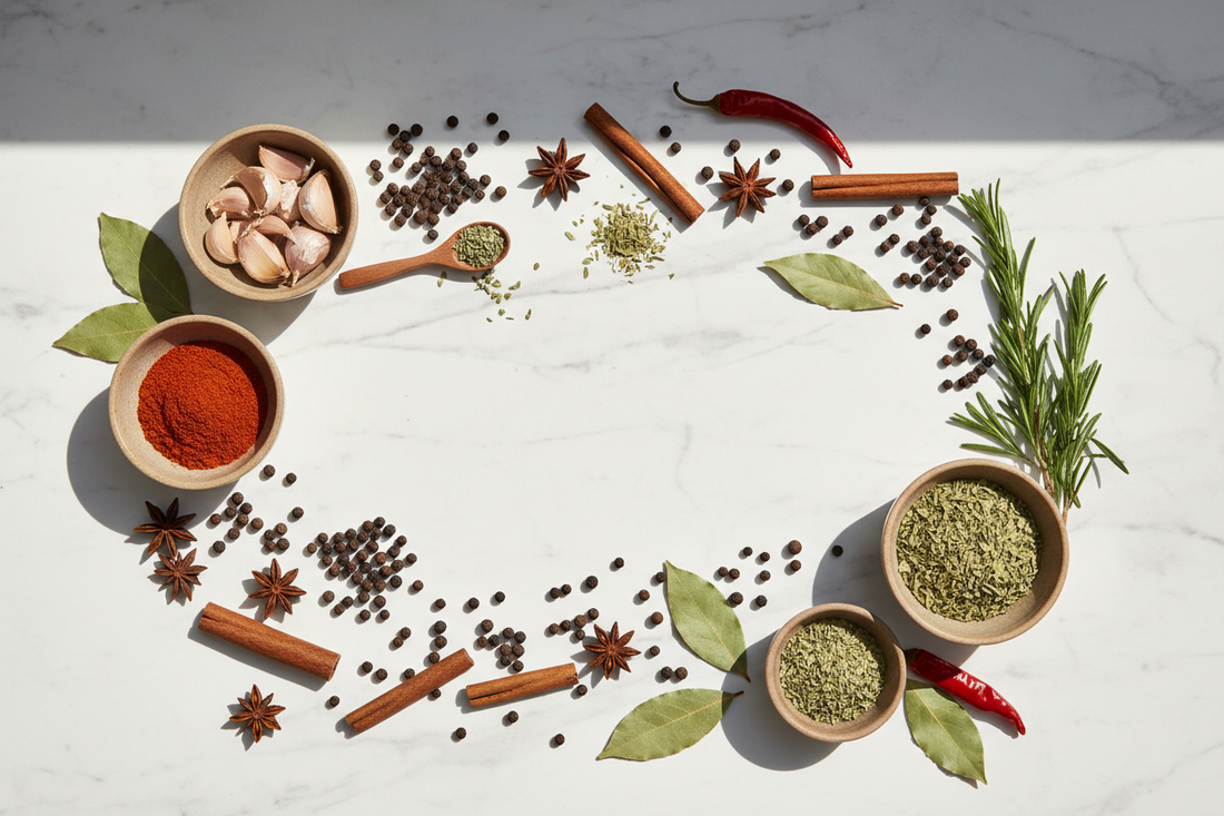 Premium herbs and spices arranged on a clean white marble surface — the foundation of Breeze Blends clean label seasonings