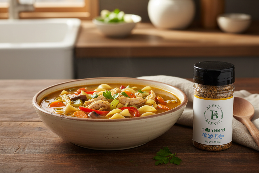 Crock Pot chicken noodle soup with Italian-seasoned chicken, wide egg noodles, carrots, celery, mushrooms, red bell pepper, and a Breeze Blends Italian Blend bottle