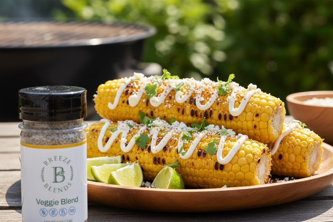 Elote-style grilled corn on the cob with cotija cheese, mayonnaise, lime wedges, and Breeze Blends Veggie Blend seasoning