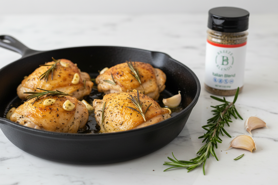 Seasoned Chicken with rosemary and garlic in cast iron pan with bottle of Breeze Blends Seasonings