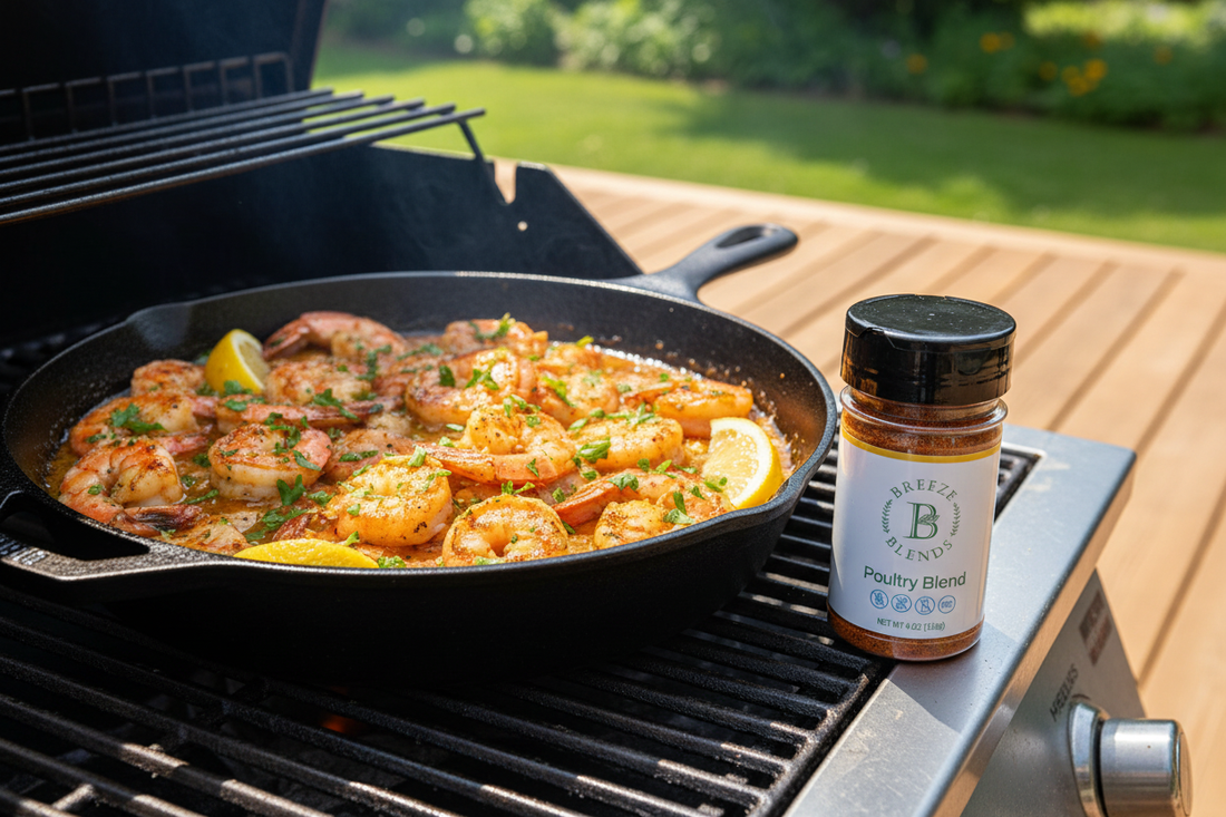 Grilled shrimp scampi in a cast iron skillet with buttery garlic lemon sauce, fresh parsley, lemon wedges, and Breeze Blends Poultry Blend seasoning