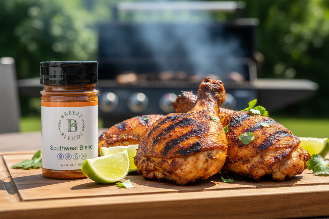 Juicy grilled Southwest chicken thighs with crispy skin served with lime wedges, cilantro, and Breeze Blends Southwest Blend seasoning