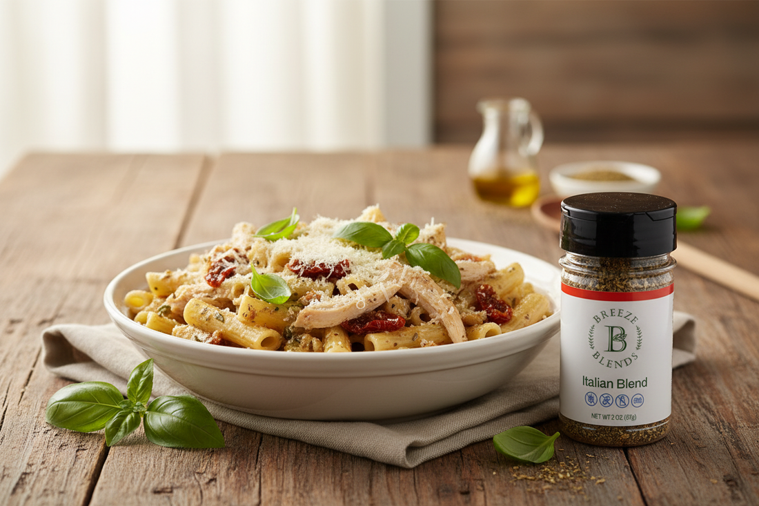 Italian herb chicken pasta in a skillet with diced tomatoes and fresh parmesan, seasoned with Breeze Blends all-natural Italian Blend
