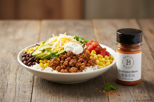 Vibrant Southwest taco bowl with seasoned beef, black beans, corn, avocado, and fresh cilantro, with Breeze Blends all-natural Southwest Blend beside the bowl