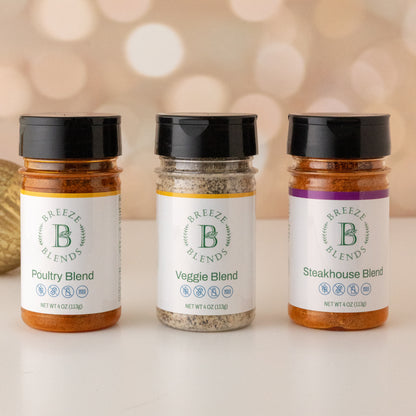 Breeze Blends three bottles of Breeze Blends seasoning blends on a light background