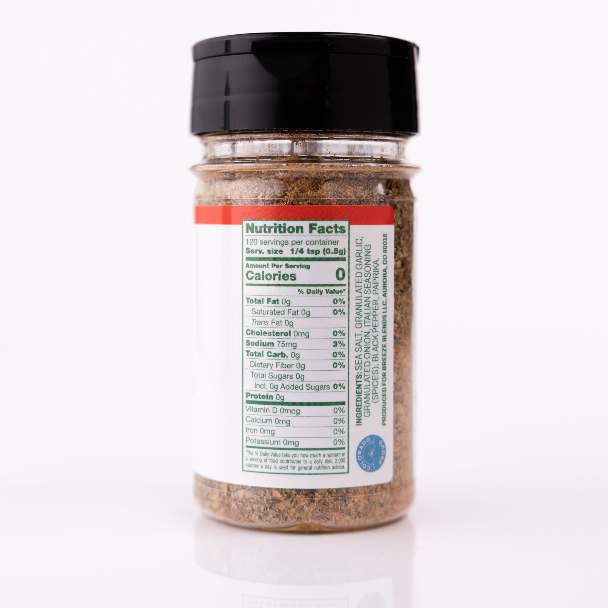 Breeze Blends Italian blend ingredient list and nutrition facts label on a white background