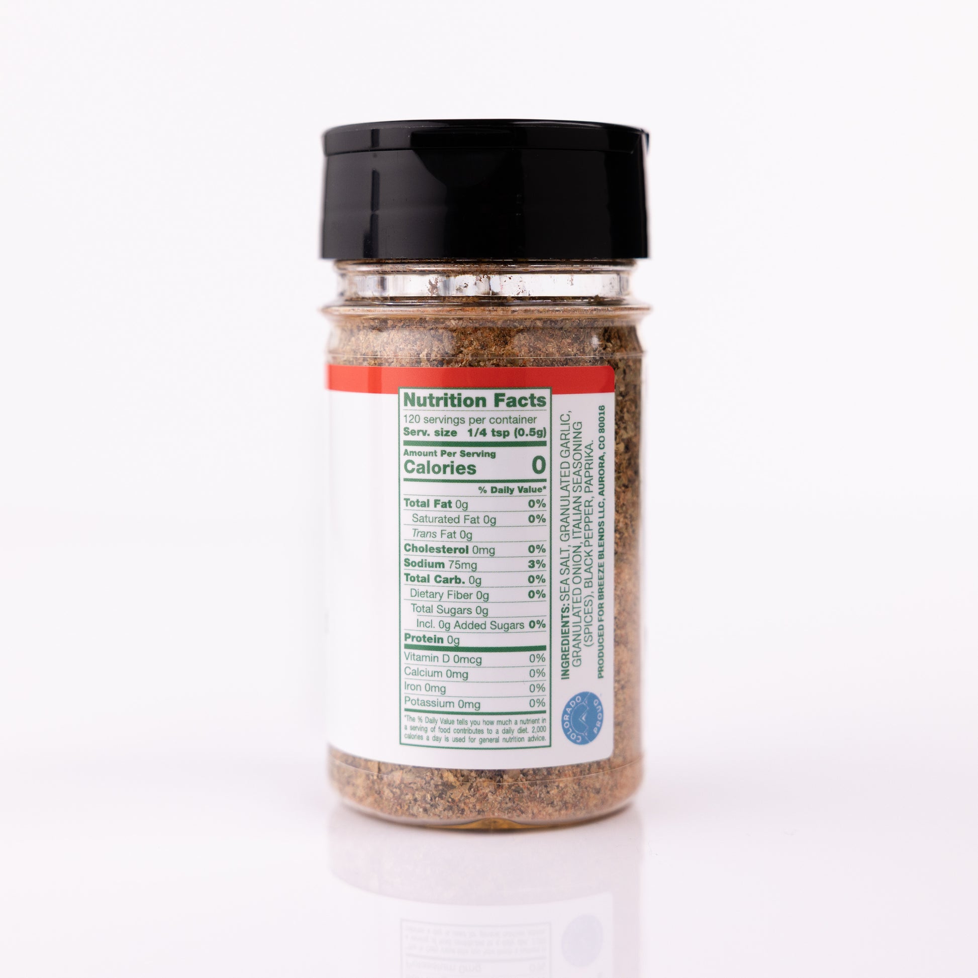 Breeze Blends Italian blend ingredients list and nutrition facts label on a white background