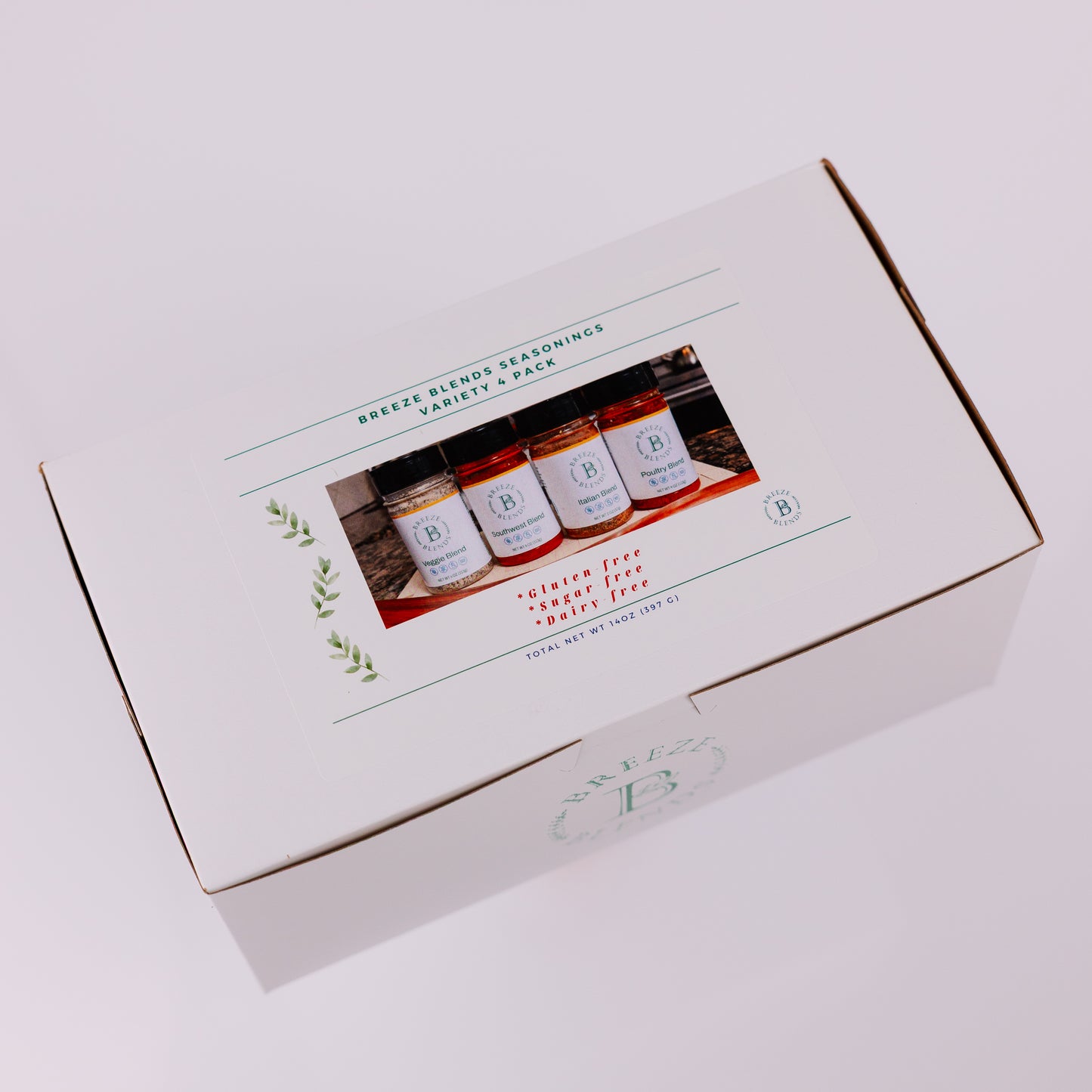 Breeze Blends Variety 4 pack box top and front on a white background