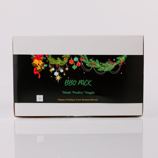 Breeze Blends BBQ Pack box in holiday festive design on a white background
