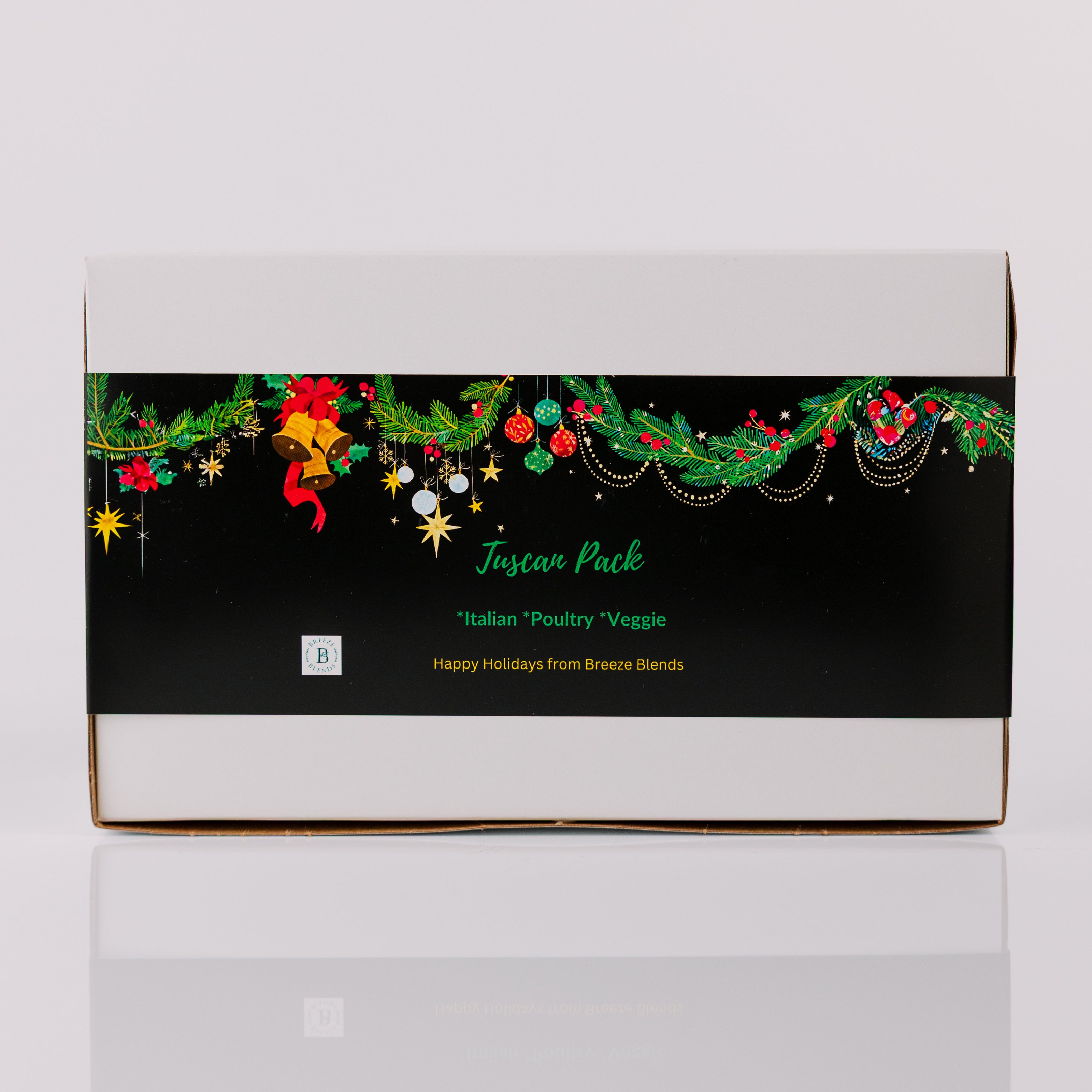 Breeze Blends Tuscan Pack box with holiday festive design on a white background