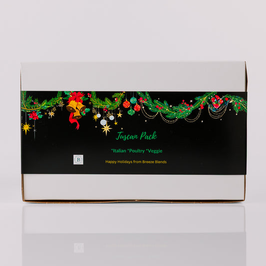 Breeze Blends Tuscan Pack box with holiday festive design on a white background