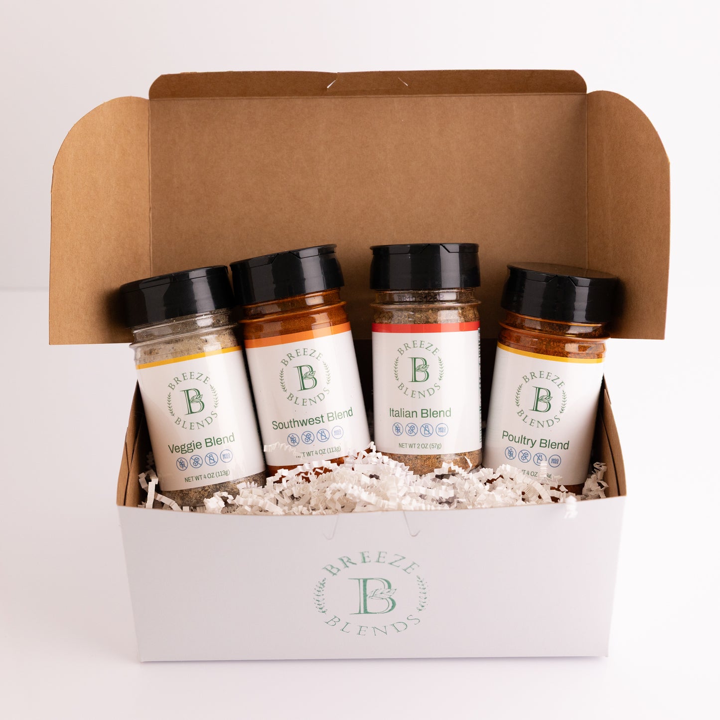 Variety 4 Pack Box of Breeze Blend seasoning bottles on a white background
