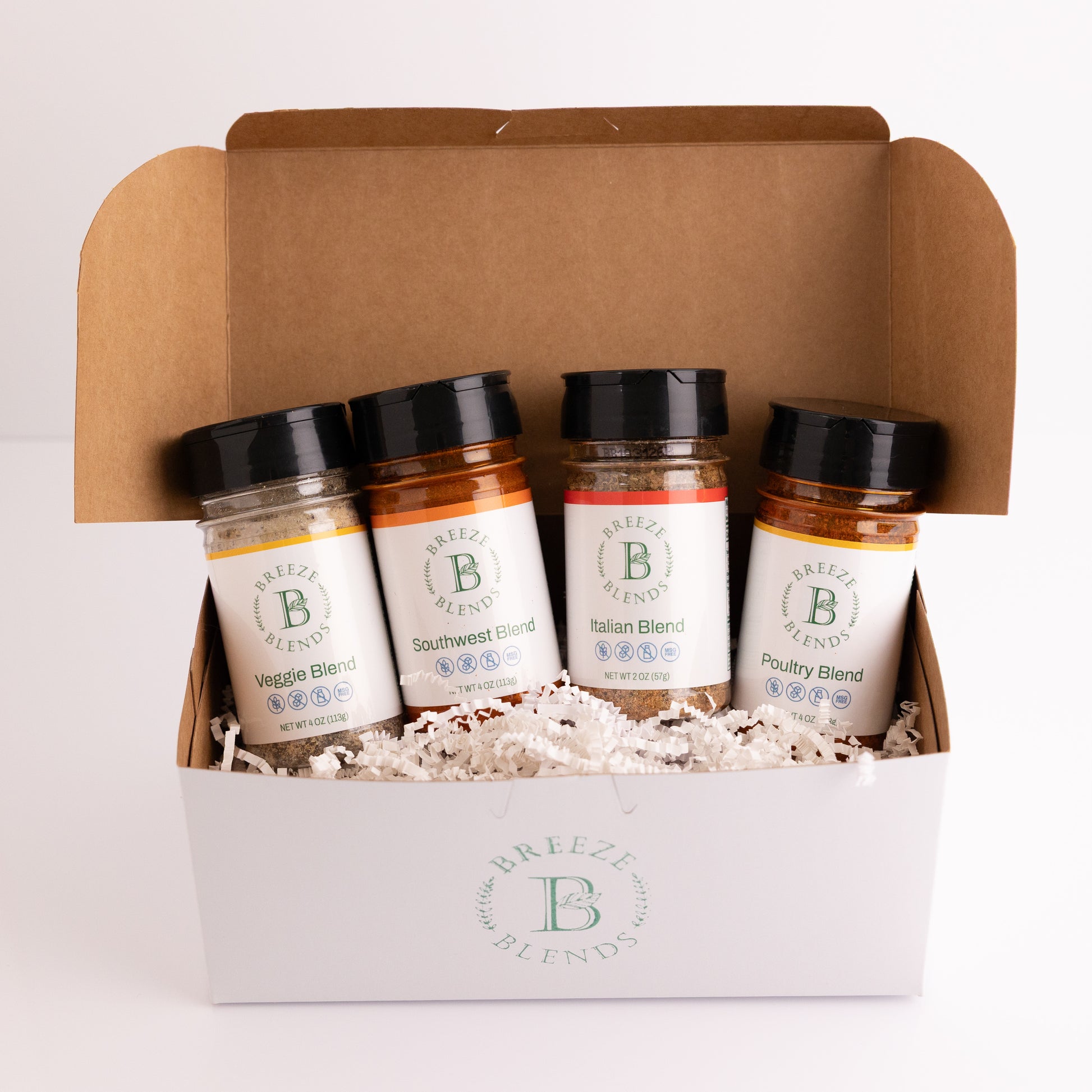 Variety 4 Pack Box of Breeze Blend seasoning bottles on a white background