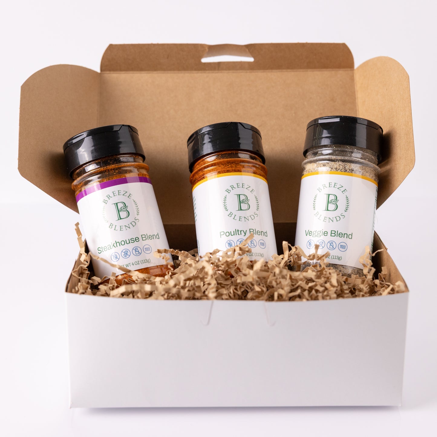 Three spice jars in a BBQ Pack of Breeze Blends on a white background