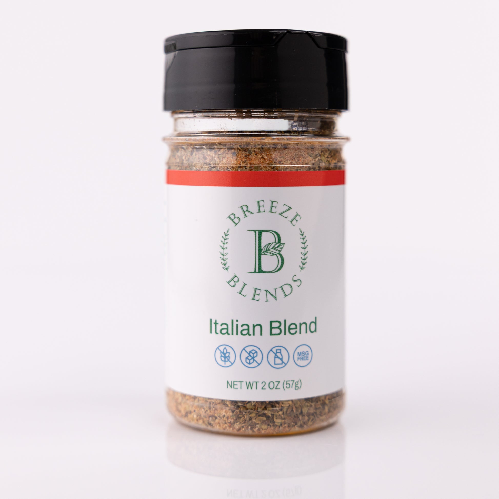 Spice jar labeled 'Italian Blend' by 'Breeze Blends' on a white background