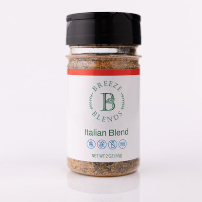 Spice jar labeled 'Italian Blend' by 'Breeze Blends' on a white background