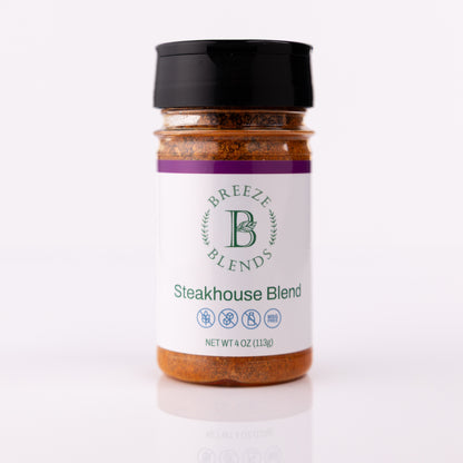 Jar of Breeze Blends Steakhouse Blend seasoning on a white background