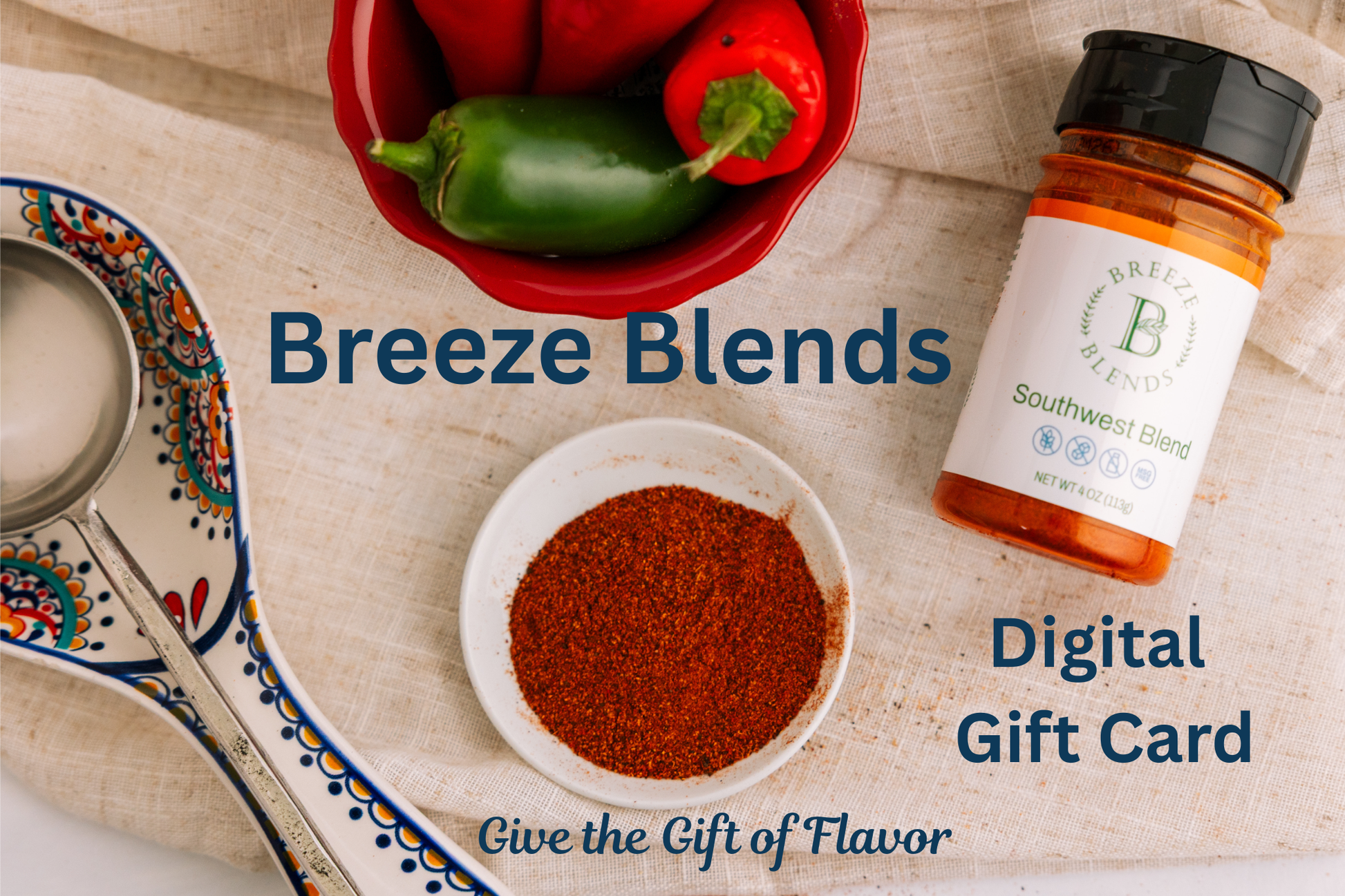 digital gift card with image of southwest blend bottle on cloth napkin with peppers