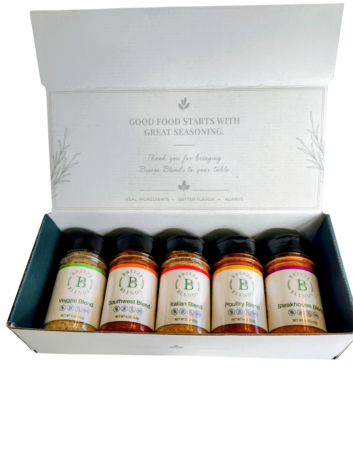 All 5 Breeze Blends seasoning bottles in decorative gift box
