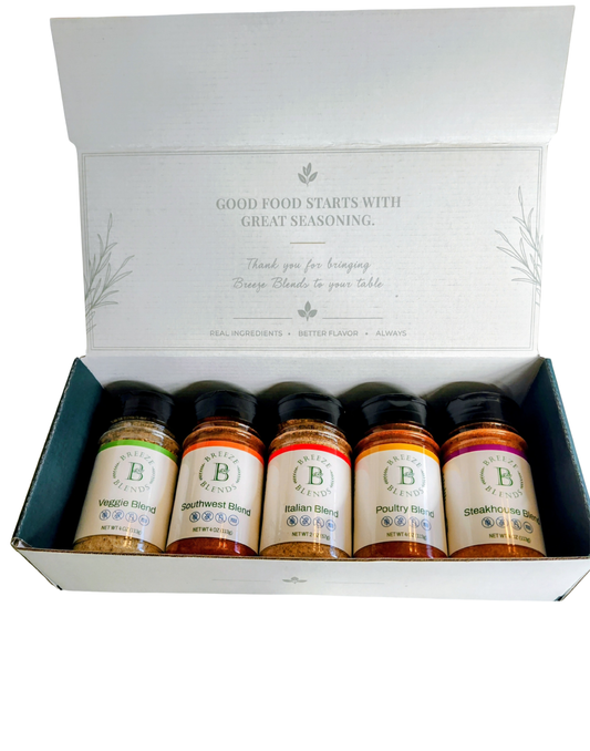 All 5 Breeze Blends seasoning bottles in decorative gift box